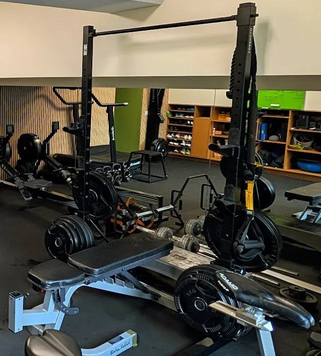 Le rack à squat, les disques et le banc réglable du studio, avec le miroir au fond